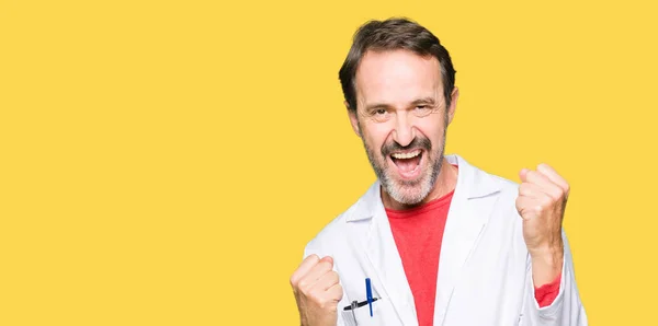 Middle Age Therapist Wearing White Coat Very Happy Excited Doing — Stock Photo, Image