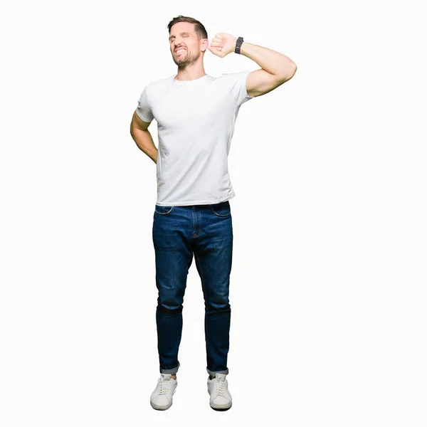 Handsome Man Wearing Casual White Shirt Stretching Back Tired Relaxed — Stock Photo, Image