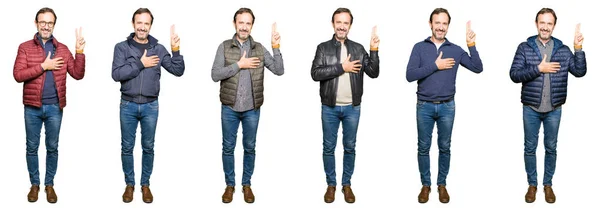 Collage Eines Gutaussehenden Mannes Mittleren Alters Der Andere Blicke Über — Stockfoto