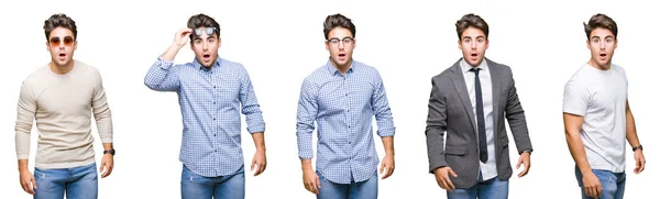 Collage Eines Jungen Gut Aussehenden Geschäftsmannes Mit Isoliertem Hintergrund Verängstigt — Stockfoto