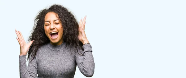 Young Beautiful Girl Curly Hair Celebrating Mad Crazy Success Arms — Stock Photo, Image