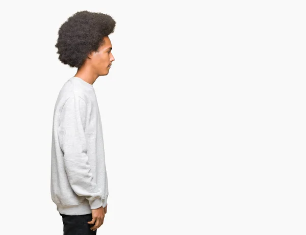 Young African American Man Afro Hair Wearing Sporty Sweatshirt Looking — Stock Photo, Image