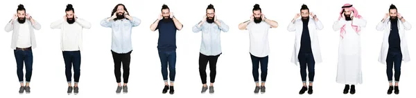 Collage Young Man Beard Long Hair White Isolated Background Covering — Stock Photo, Image