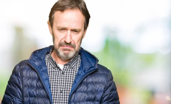 Middle Age Handsome Man Wearing Winter Coat Depressed Worry Distress — Stock Photo, Image