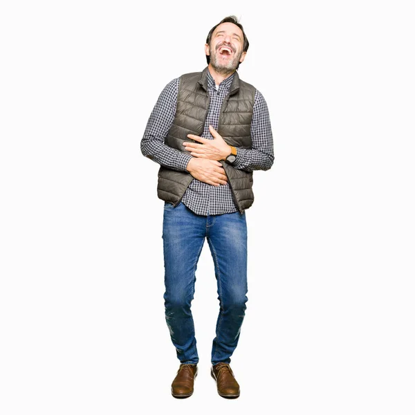 Middle Age Handsome Man Wearing Winter Vest Smiling Laughing Hard — Stock Photo, Image