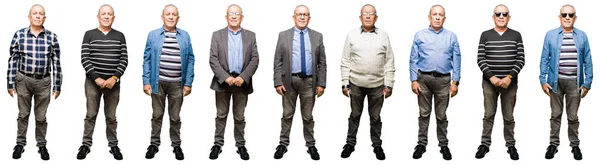 Collage Van Knappe Senior Man Witte Geïsoleerde Achtergrond Met Ernstige — Stockfoto