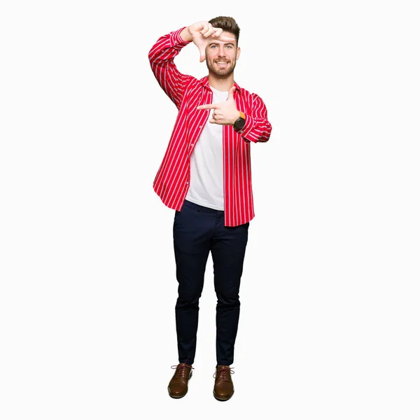 Young Handsome Man Wearing Red Shirt Smiling Making Frame Hands — Stock Photo, Image