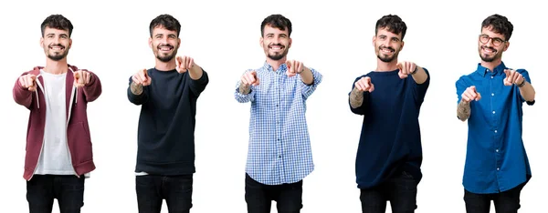 Koláž Mladíka Izolované Pozadí Ukazuje Pro Vás Fotoaparát Prsty Usmíval — Stock fotografie