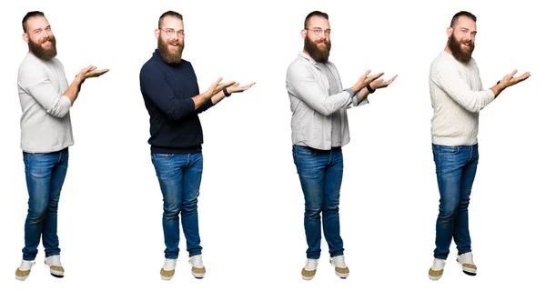 Collage Joven Con Moño Sobre Fondo Blanco Aislado Señalando Lado — Foto de Stock