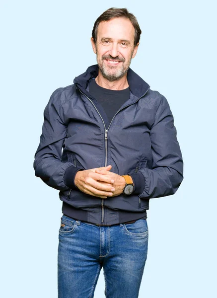 Homem Bonito Meia Idade Vestindo Uma Jaqueta Mãos Juntas Dedos — Fotografia de Stock