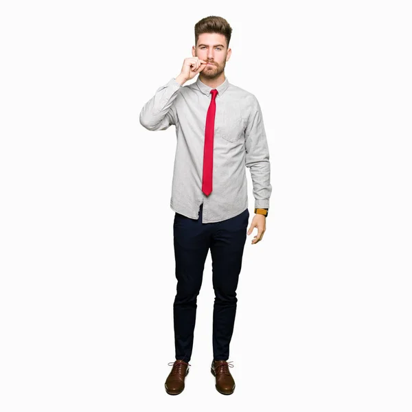 Young Handsome Business Man Mouth Lips Shut Zip Fingers Secret — Stock Photo, Image