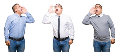 İzole arka plan üzerinde Arap orta yaş adam kompozisyon bağırmak ve ağzına el ile yan gürültülü çığlık. İletişim konsepti.