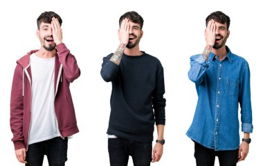 El yüz ve sürpriz duygu kendinden emin gülümseme ile tek gözüyle kapsayan izole arka plan üzerinde genç adam kolaj.