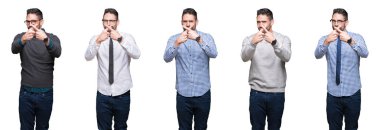 Beyaz arka plan üzerinden yakışıklı iş adamlarının kolajı Reddedilme ifadesinin negatif işaret vermesi dileğiyle.