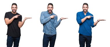 Beyaz izole arka plan üzerinde yakışıklı adam kolaj hayran ve el ile sunmak ve parmak ile işaret ederken kameraya gülümsüyor.