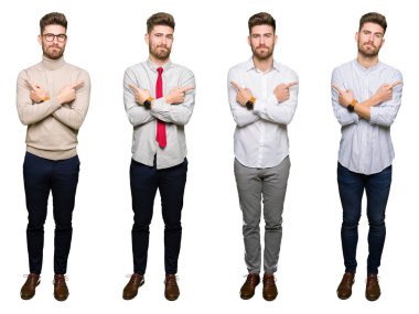 Collage of handsome young business man over white isolated background Pointing to both sides with fingers, different direction disagree
