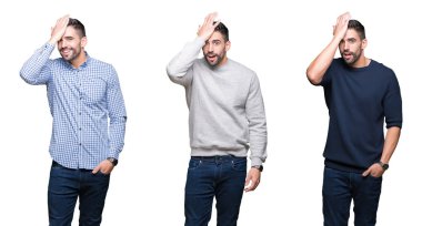 Beyaz izole arka plan üzerinde yakışıklı iş adamı kolaj hata için baş el ile şaşırdı, hata hatırlıyorum. Unuttum, kötü bellek kavramı.