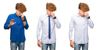 Genç, kıvırcık saçlı, gözlüklü, gözlüklü, izole edilmiş beyaz arka plan kokulu, iğrenç bir koku alan, nefesini burnunda tutan genç işportacılardan oluşan bir kolaj. Kötü koku konsepti.