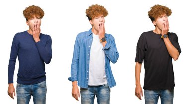 İzole edilmiş beyaz arka planda kıvırcık saçlı genç adamların kolajı ağızlarını eliyle kapatmaktan sıkıldı. Huzursuz ve uykulu..