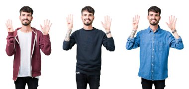 Kolaj gösterilen ve parmakları ile işaret izole arka plan üzerinde genç adam bir numara 9 kendinden emin ve mutlu gülümseyerek süre.