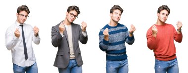 Tecrit edilmiş bir geçmişi olan genç yakışıklı iş adamının kolajı. El hareketleriyle para istemek, maaş ödemesi istemek, milyonerlik işleri.