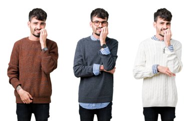 İzole edilmiş arka planda süveter giyen genç bir adam kolajı. Elleri ağız tırnağı yerken gergin ve stresli görünüyor. Endişe sorunu.