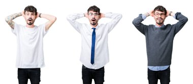 Genç adam kolaj üzerinde arka plan deli izole ve baş, korkuyor ve açık ağzı ile şok sürpriz elleriyle korkuttu