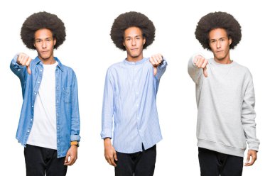 Mutsuz ve kızgın ret gösterilen ve başparmak aşağı hareketi ile negatif seyir beyaz izole arka plan üzerinde afro saçlı Genç adam kolaj. Kötü ifade.