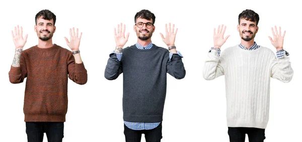 Коллаж Молодого Человека Свитере Изолированном Фоне Показывает Указывает Пальцами Номер — стоковое фото