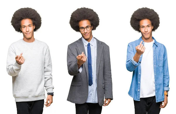 Collage Giovane Uomo Con Capelli Afro Sfondo Bianco Isolato Beckoning — Foto Stock