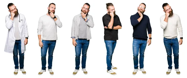 Collage Giovane Uomo Con Panino Sfondo Bianco Isolato Pensando Cercando — Foto Stock