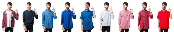 Collage Ung Man Över Isolerade Bakgrund Pekar Finger Med Lyckad — Stockfoto