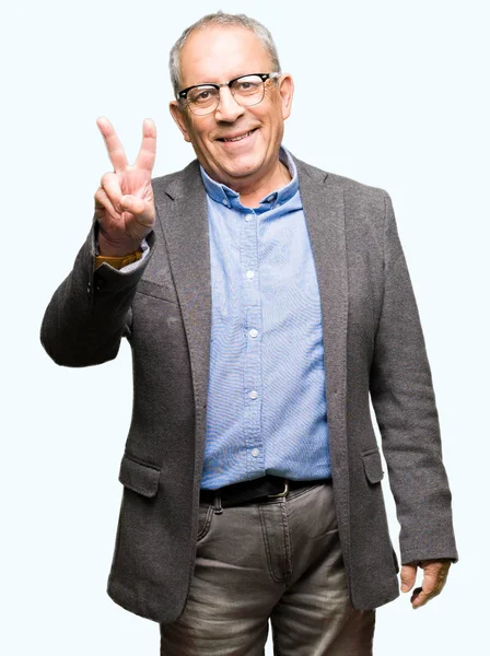Bonito Homem Negócios Sênior Usando Óculos Sorrindo Com Rosto Feliz — Fotografia de Stock