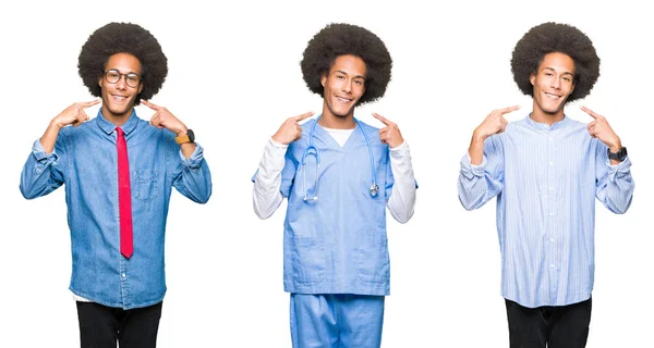 Colagem Jovem Com Cabelo Afro Sobre Fundo Isolado Branco Sorrindo — Fotografia de Stock