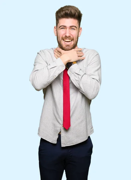 Young Handsome Business Man Shouting Suffocate Because Painful Strangle Health — Stock Photo, Image