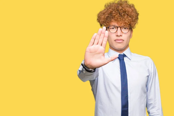 Young Handsome Business Man Afro Wearing Glasses Doing Stop Sing — Stock Photo, Image