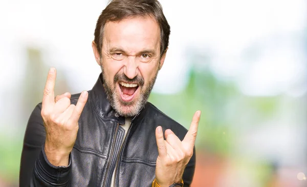 Middle Age Handsome Man Wearing Black Leather Jacket Shouting Crazy — Stock Photo, Image