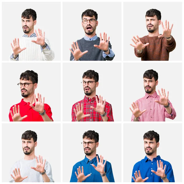 Collage Hombre Joven Sobre Fondo Aislado Asustado Aterrorizado Con Expresión —  Fotos de Stock