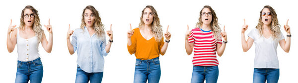 Collage of young beautiful blonde girl over isolated background amazed and surprised looking up and pointing with fingers and raised arms.