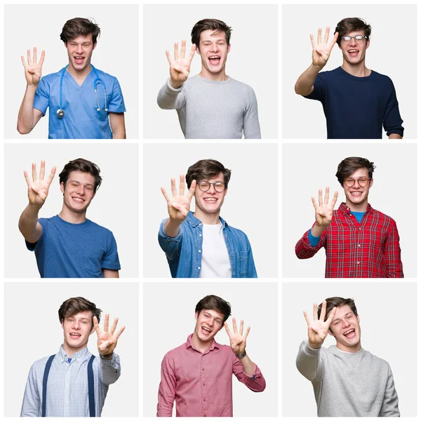 Collage Young Man White Isolated Background Showing Pointing Fingers Number — Stock Photo, Image