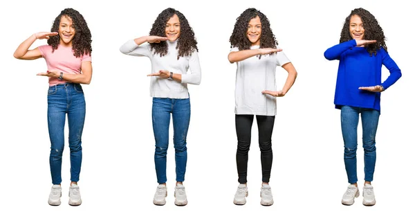 Colagem Bela Jovem Mulher Com Cabelo Encaracolado Sobre Fundo Isolado — Fotografia de Stock