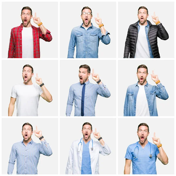 Collage Attractive Young Man White Isolated Background Pointing Finger Successful — Stock Photo, Image