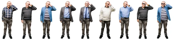 Collage Van Knappe Senior Man Witte Geïsoleerde Achtergrond Doen Gebaar — Stockfoto