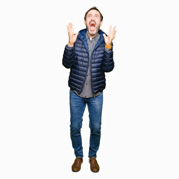 Middle Age Handsome Man Wearing Winter Coat Crazy Mad Shouting — Stock Photo, Image
