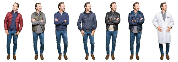 Collage Van Knappe Middelbare Leeftijd Man Met Verschillende Blikken Witte — Stockfoto