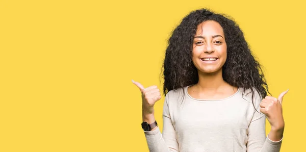 Young Beautiful Girl Curly Hair Wearing Casual Sweater Success Sign — Stock Photo, Image