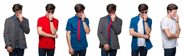 Collage Hombre Joven Sobre Fondo Blanco Aislado Buscando Estresado Nervioso —  Fotos de Stock