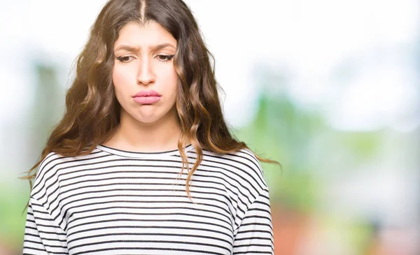 Young Beautiful Woman Wearing Stripes Sweater Depressed Worry Distress Crying — Stock Photo, Image