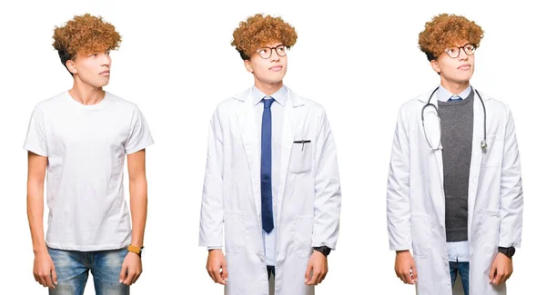 Colagem Jovem Médico Homem Vestindo Casaco Médico Sobre Fundo Branco — Fotografia de Stock