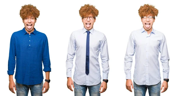 Collage Young Bussines Man Curly Hair Wearing Glasses Isolated White — Stock Photo, Image